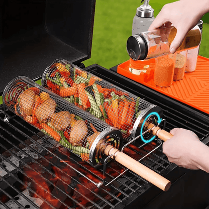 Stainless Steel BBQ Grill Basket with Wood Handle – Non-Stick Rolling Grilling Cage for Vegetables & Meat – Outdoor Camping & BBQ Accessories