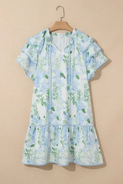 Sky Blue Floral Contrast Edge Ruffle Sleeve Tie Neck Mini Dress