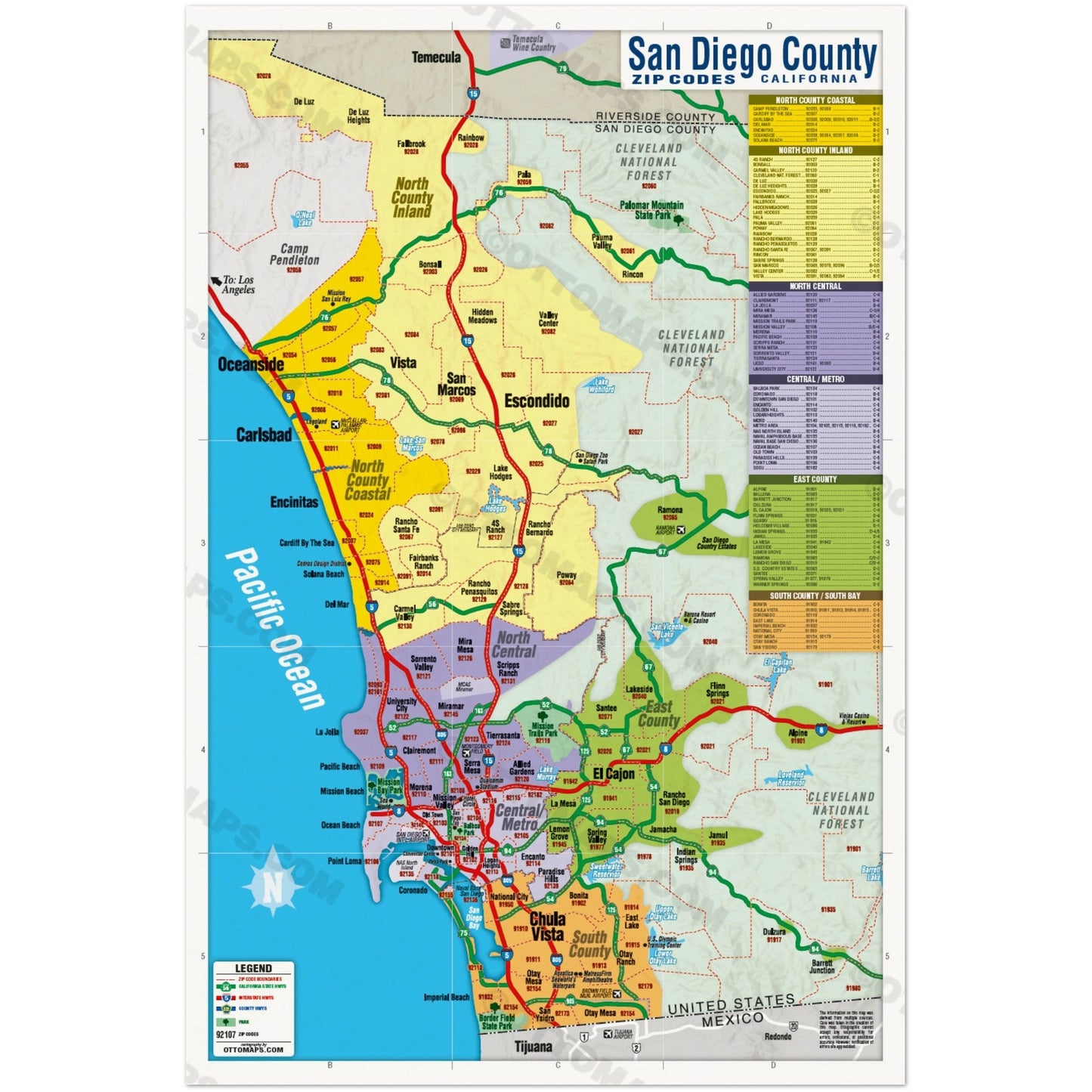 San Diego County Zip Code Map - COASTAL (Areas colorized) POSTER PRINTS