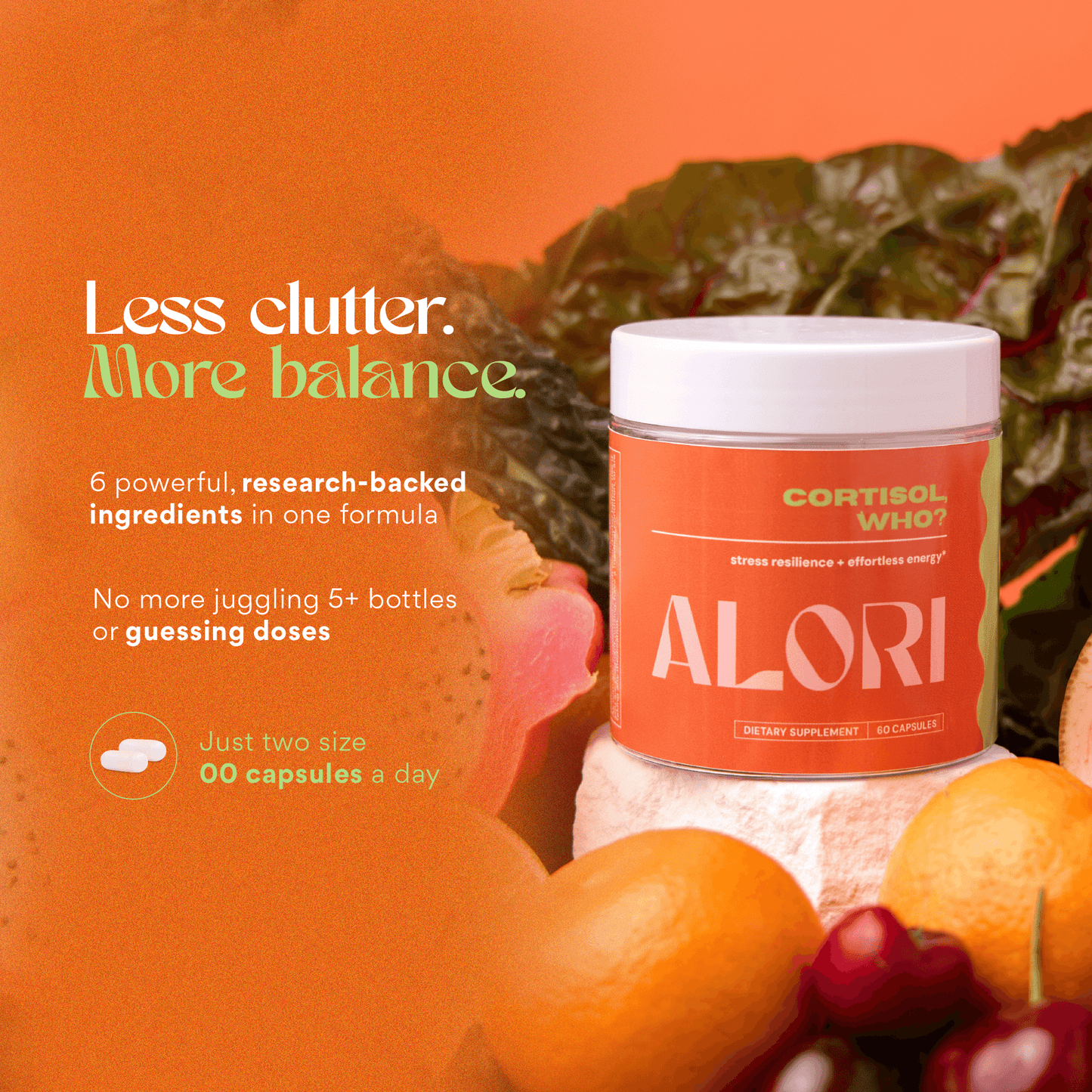 Orange supplement container labeled 'ALORI' with text about ingredients and benefits on an orange background.