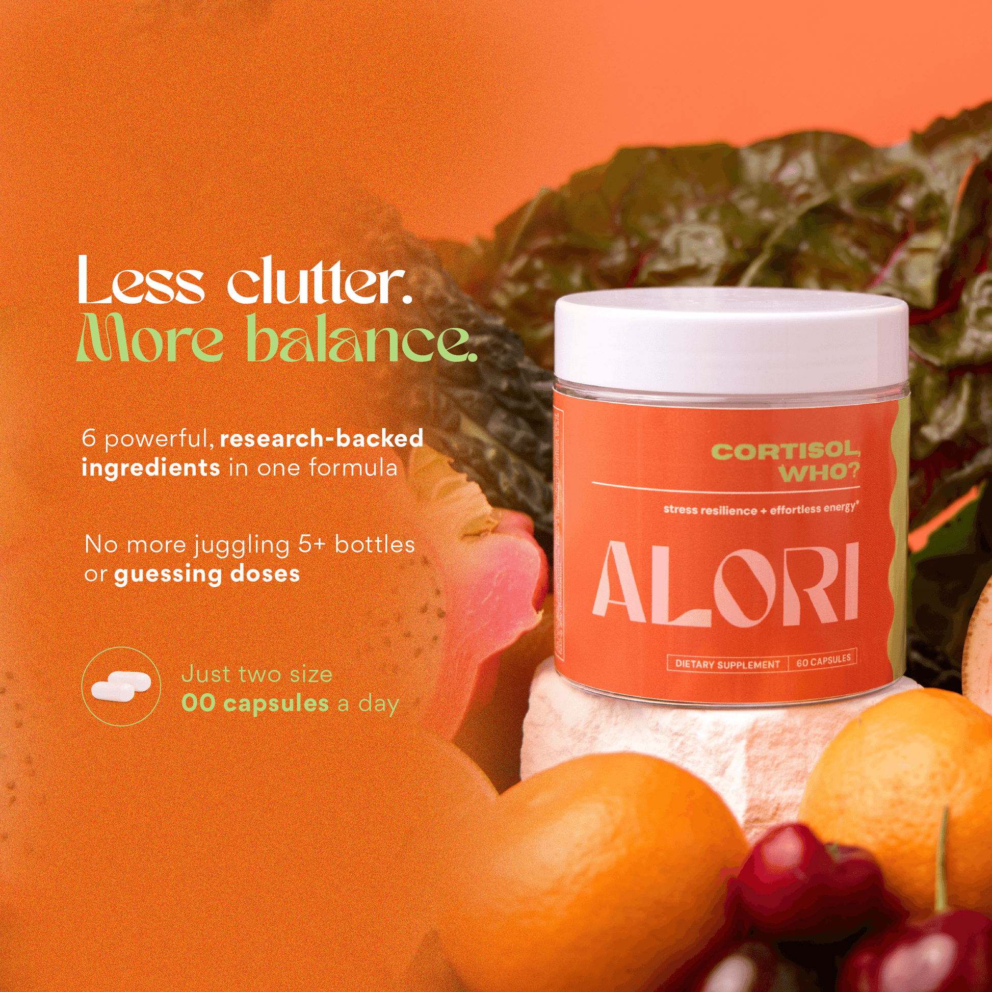 Orange supplement container labeled 'ALORI' with text about ingredients and benefits on an orange background.