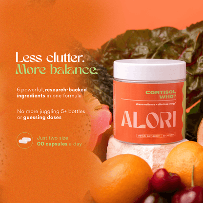 Orange supplement container labeled 'ALORI' with text about ingredients and benefits on an orange background.