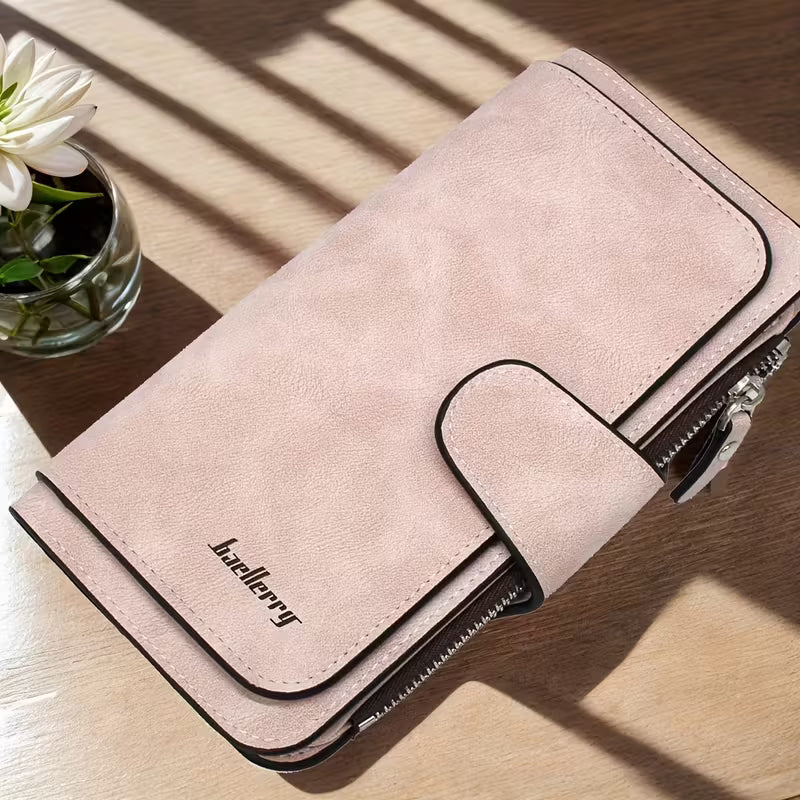 Vintage Faux Leather Long Wallet – Trifold Credit Card Holder with Snap & Zipper