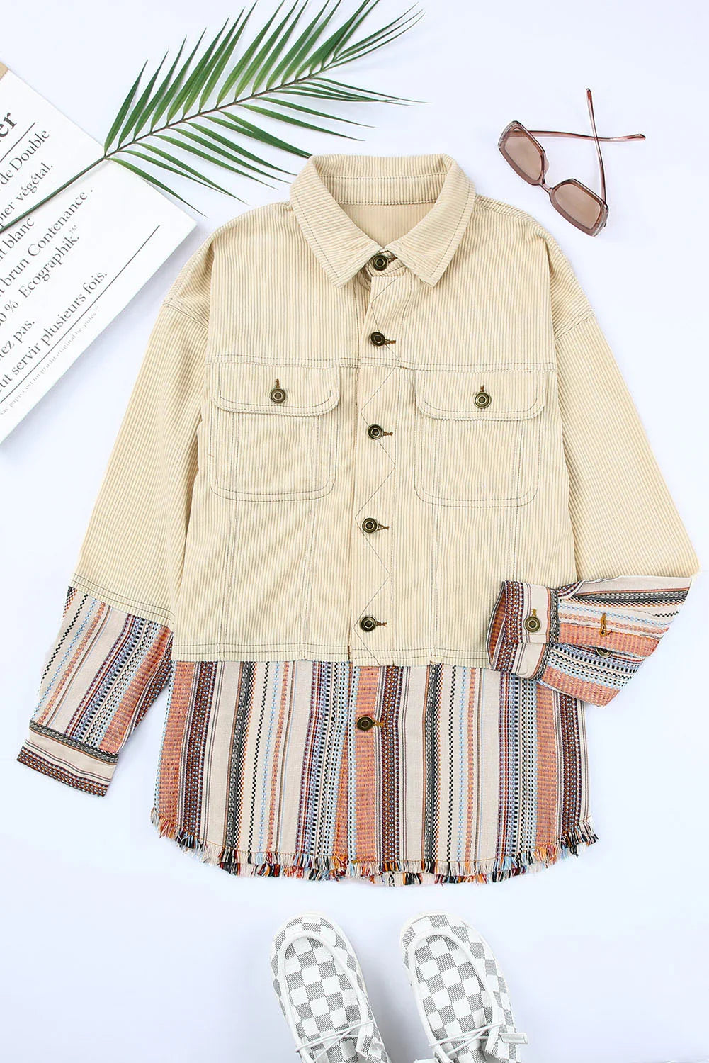 Beige Color Block Corduroy Jacket | Striped Button Up Design - Femstylo