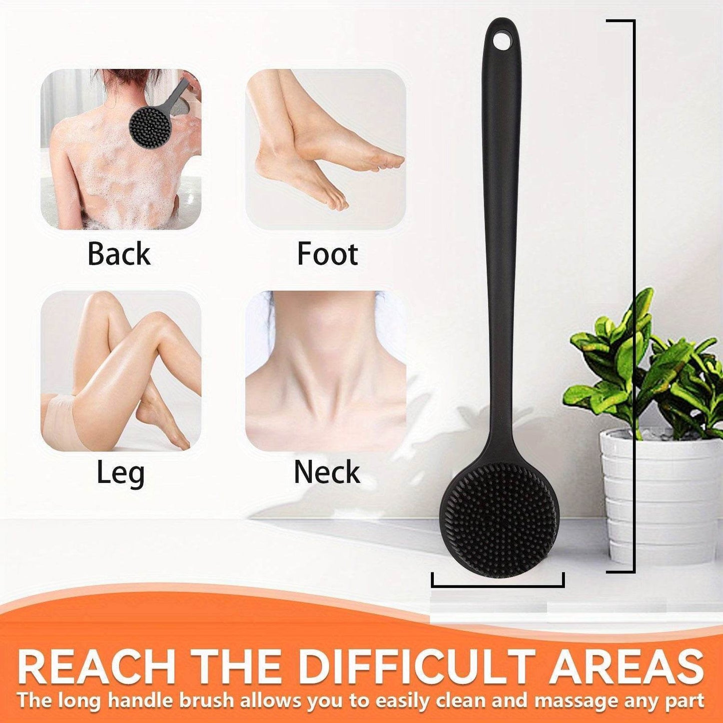 Ergonomic Long Handled Silicone Bath Brush Soft Bristles for Deep Cleaning