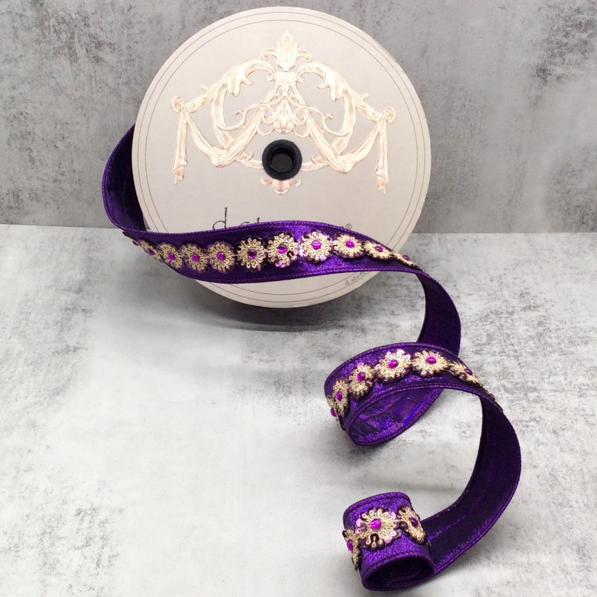 1.5" x 10yds metallic dupion gold purple sequin trim, purple
