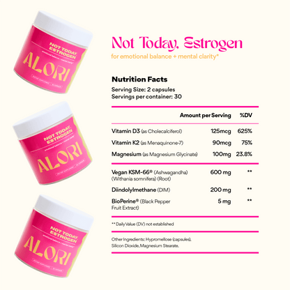 ALORI 'Not Today, Estrogen' supplement containers with nutrition facts on a white background