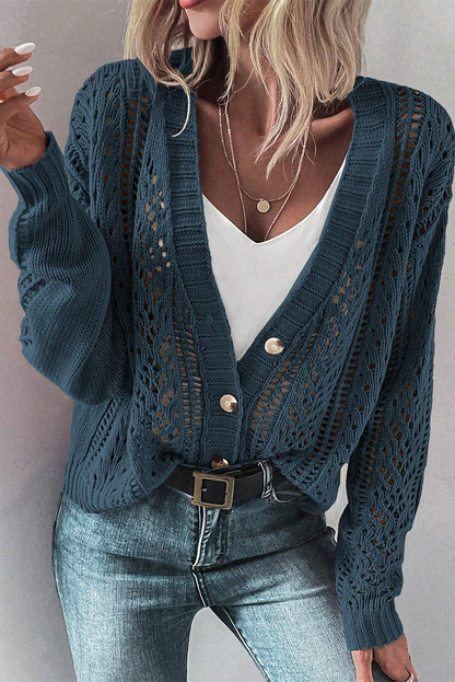 Dark Khaki Cardigan - Hollow Knit Drop Shoulder Style