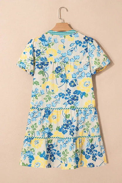 Blue Floral Print Striped Trim Puff Sleeve Mini Dress
