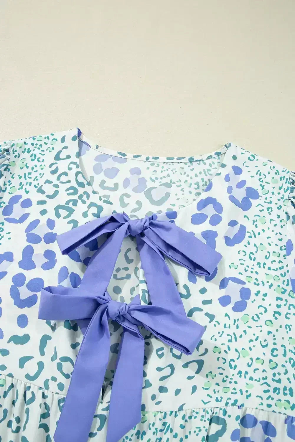Sky Blue Leopard Bow Front Puff Sleeve Mini Dress
