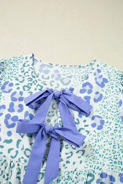 Sky Blue Leopard Bow Front Puff Sleeve Mini Dress