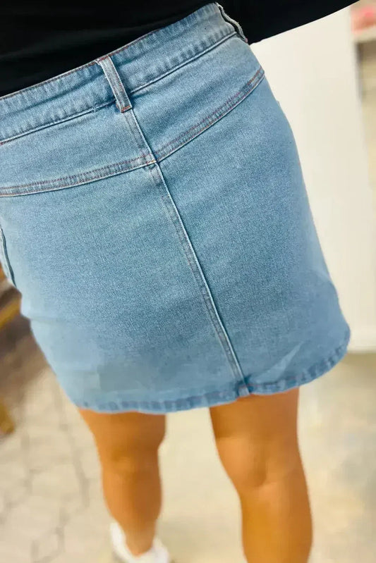 Dusk Blue Acid Washed Bowknot Details High Waist Denim Skirt