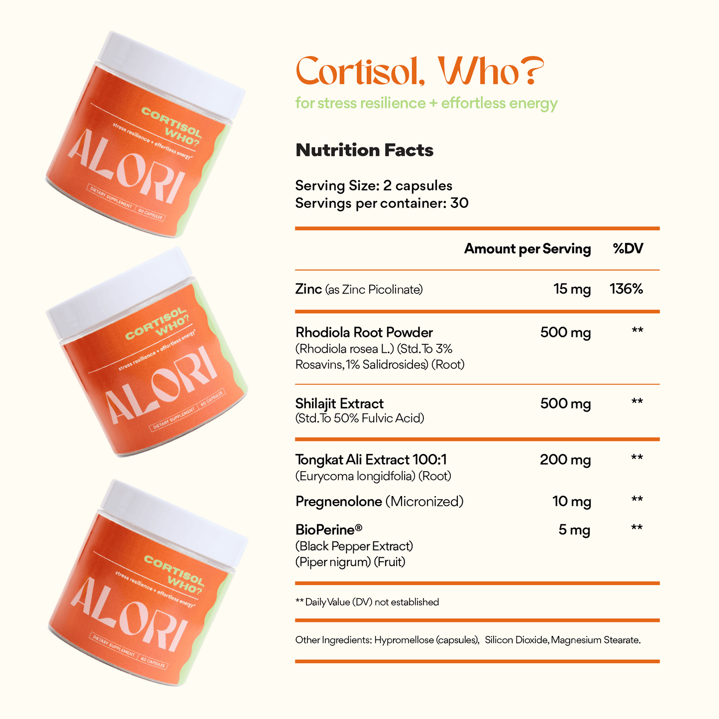 ALORi supplement containers with nutrition facts on a white background