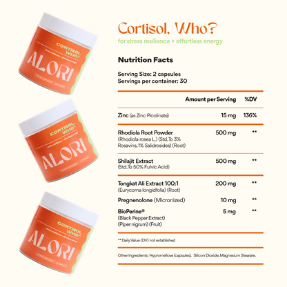 ALORi supplement containers with nutrition facts on a white background
