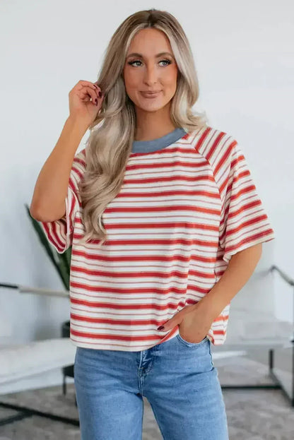 Tomato Red Striped Raglan Sleeve Contrast Neck T-Shirt