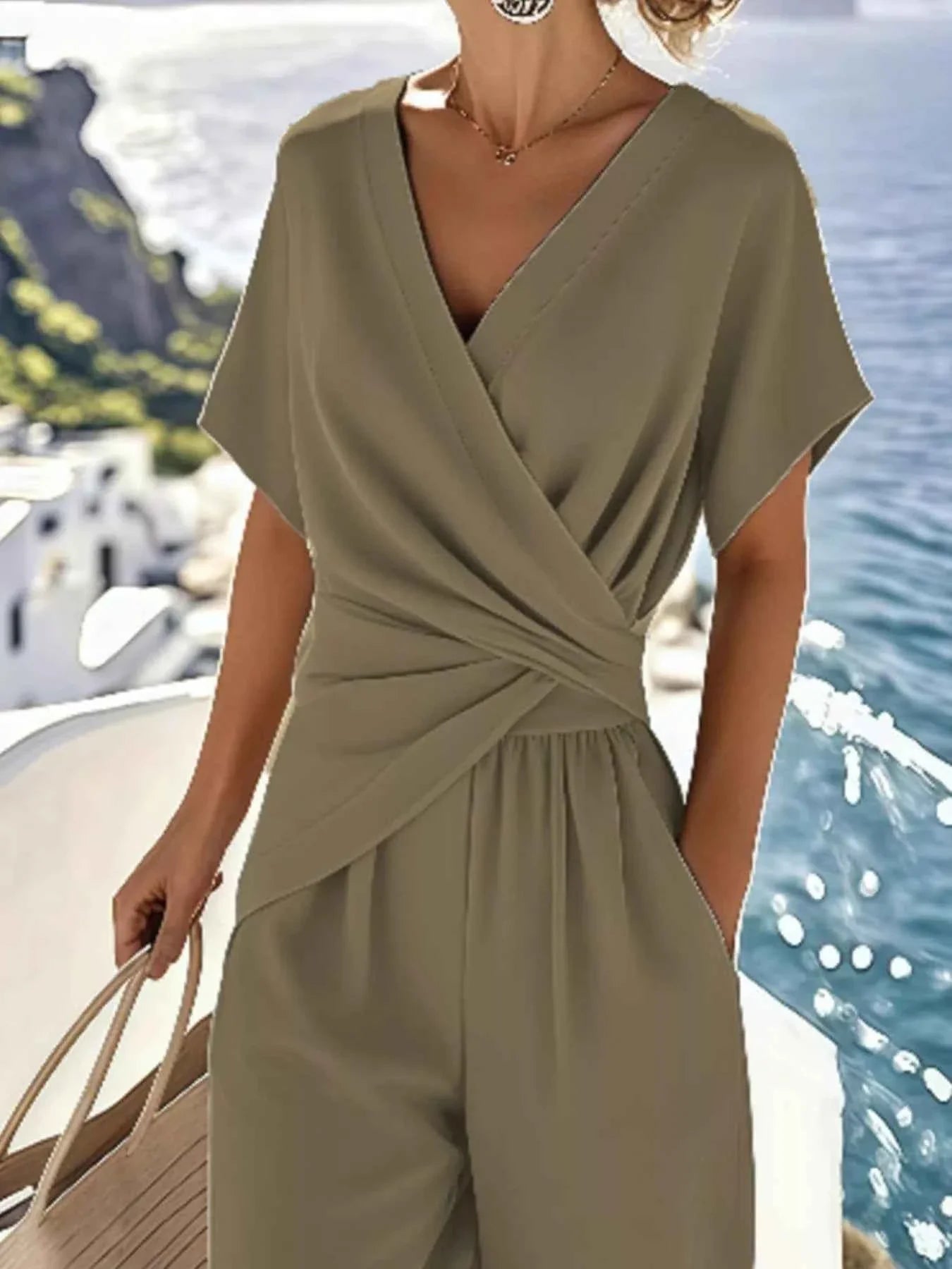 Full Size Surplice Short Sleeve Top and Pants Set Plus Size Pantsuit