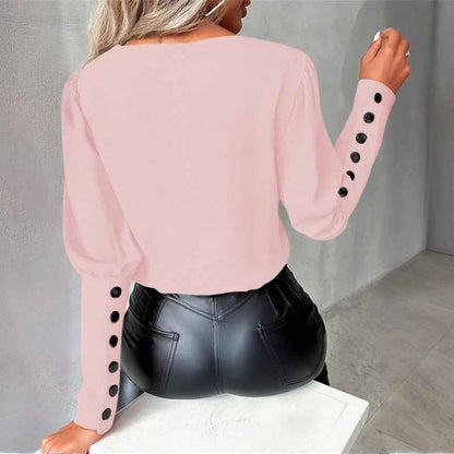Women's V-Neck Contrast Trim Long Sleeve Blouse With Button Cuff Detail - Casual Comfort Top