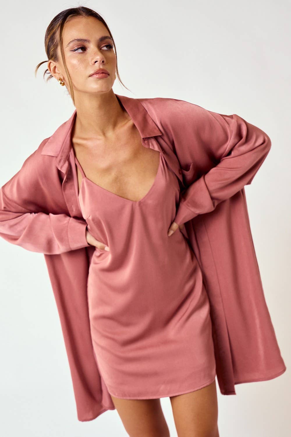 Satin Slip-On Dress and Shirt Set in Cognac [Sizes SM-L]