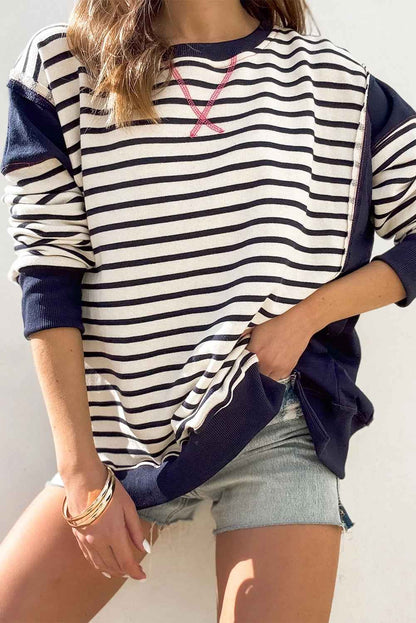 White Stripe Patchwork Exposed Seam Loose Fit Women's Sweatshirt