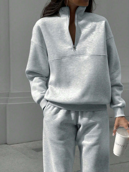 Long-sleeved Sports Sweatsuit Stand-up Collar Zip-up Top And Elastic Band Trousers With Pocket
