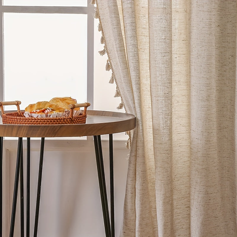 Elegant Beige Sheer Curtain with Tassel Vintage Style