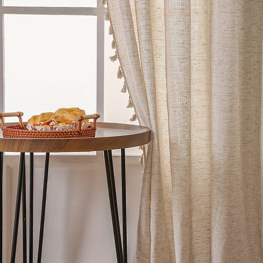Elegant Beige Sheer Curtain with Tassel Vintage Style
