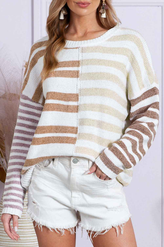Color Block Striped Sweater Women's Drop Shoulder Pullover Women's Top