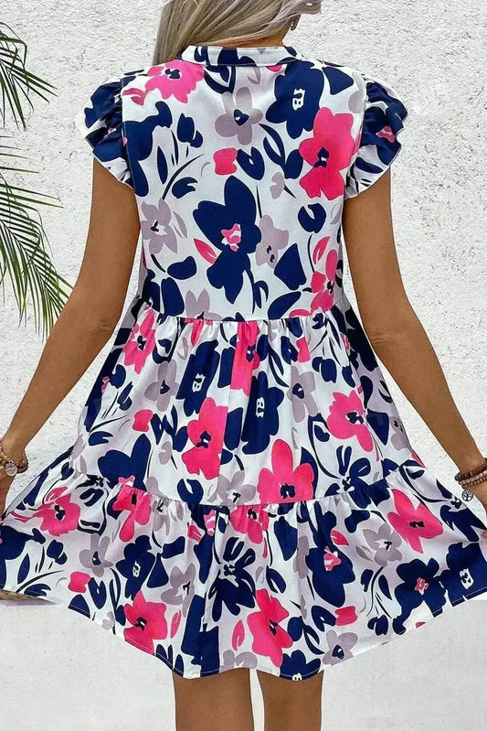 Rose Floral Print Notched Neck Flutter Sleeve Mini Dress