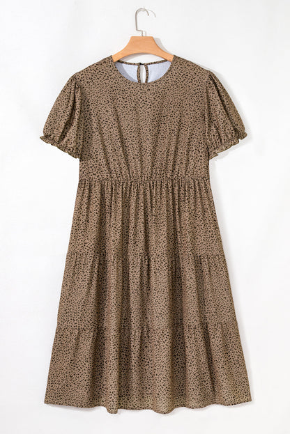 Beige Plus Size Leopard Print Frill Trim Short Sleeve Flared Dress
