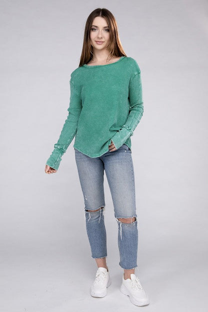ZENANA Washed Baby Waffle Long Sleeve Top