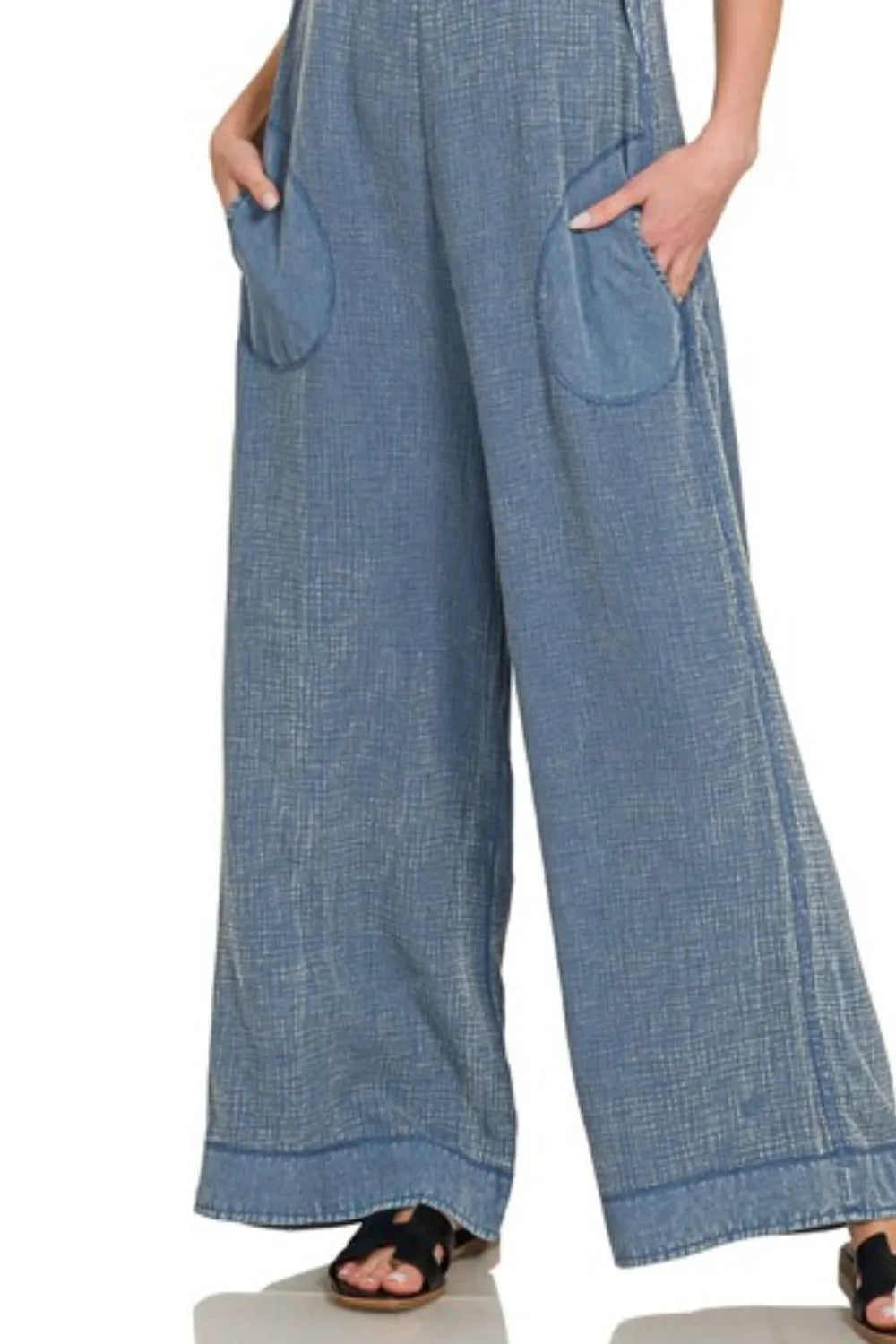 Zenana Double Gauze Washed Wide Leg Overalls in Blue