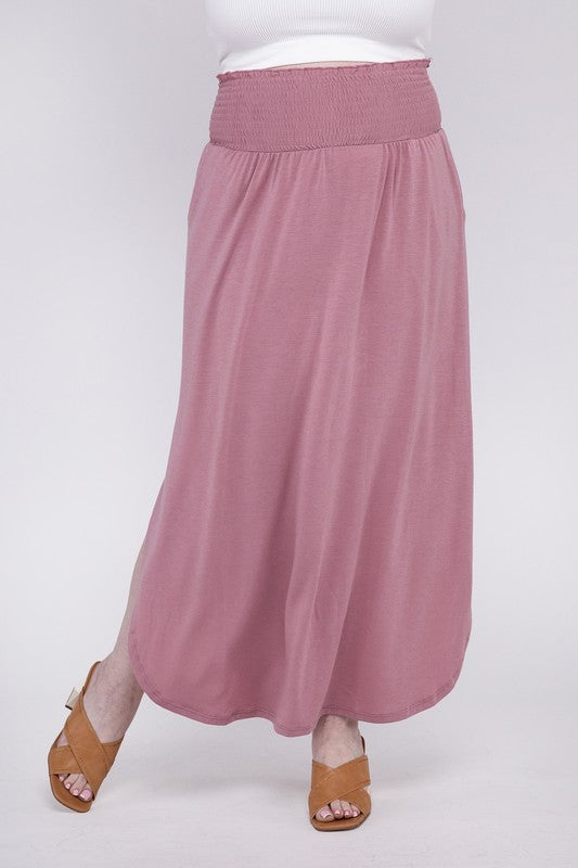 ZENANA Plus Smocked Waist Side Slit Maxi Skirt w/ Pockets