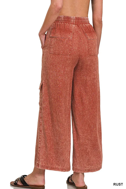 Zenana Washed Linen Elastic Band Waist Cargo Pants in Rust
