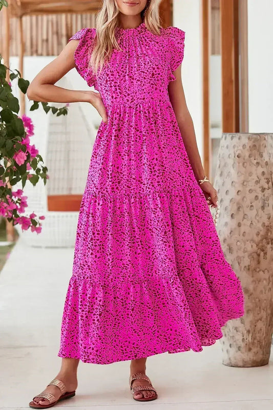 Rose Red Leopard Print Ruffle Sleeveless Maxi Dress