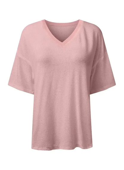 White Waffle Texture V Neck Drop Shoulder Loose Tee