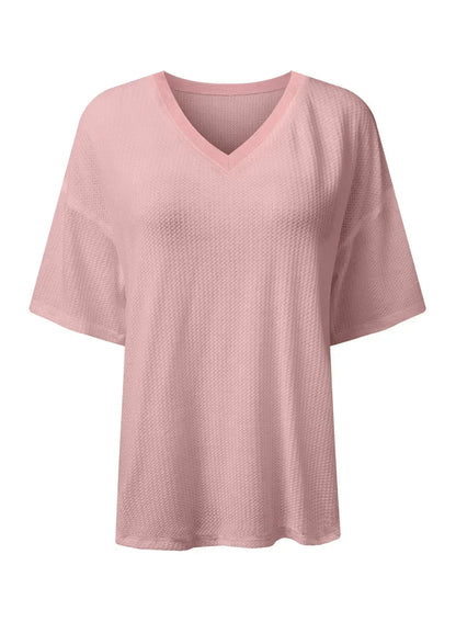 White Waffle Texture V Neck Drop Shoulder Loose Tee