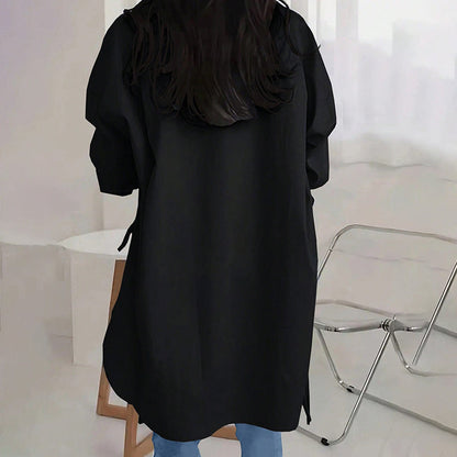 Women's Loose-Fit Long Sleeve Shirt with Side Slit Tie Detail - Stylish Button-Down Blouse