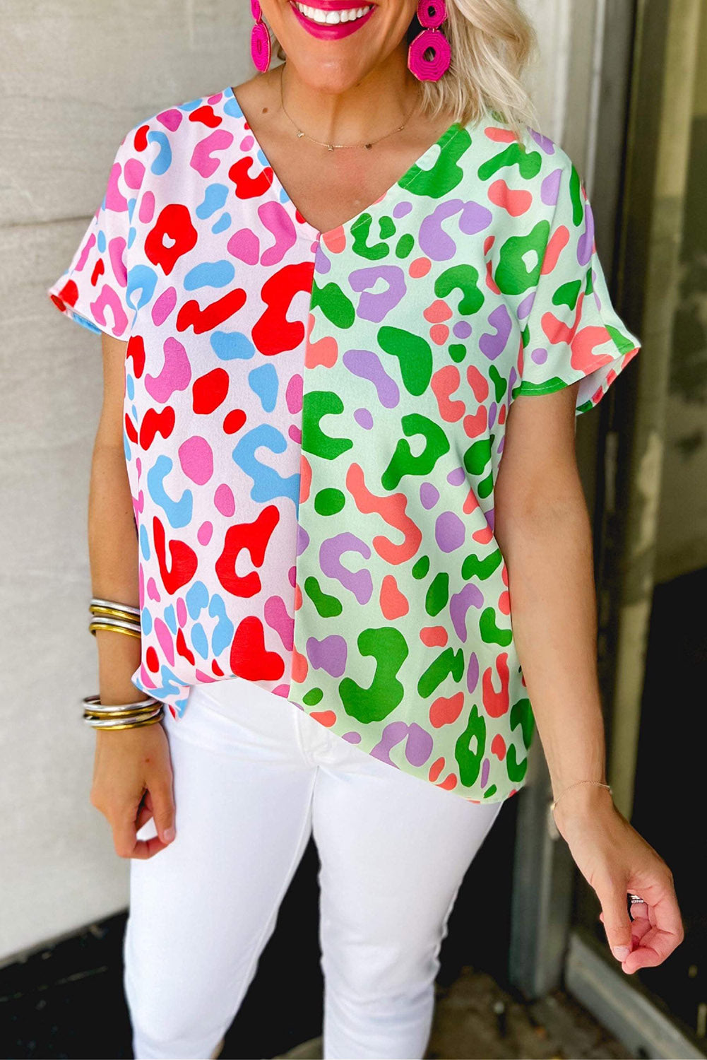 Green Leopard Print Patchwork V Neck Short Sleeve Blouse