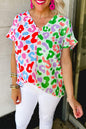 Green Leopard Print Patchwork V Neck Short Sleeve Blouse