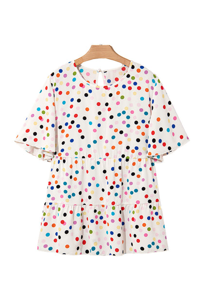 Beige Colorful Polka Dot Print Ruffle Plus Size Babydoll Blouse