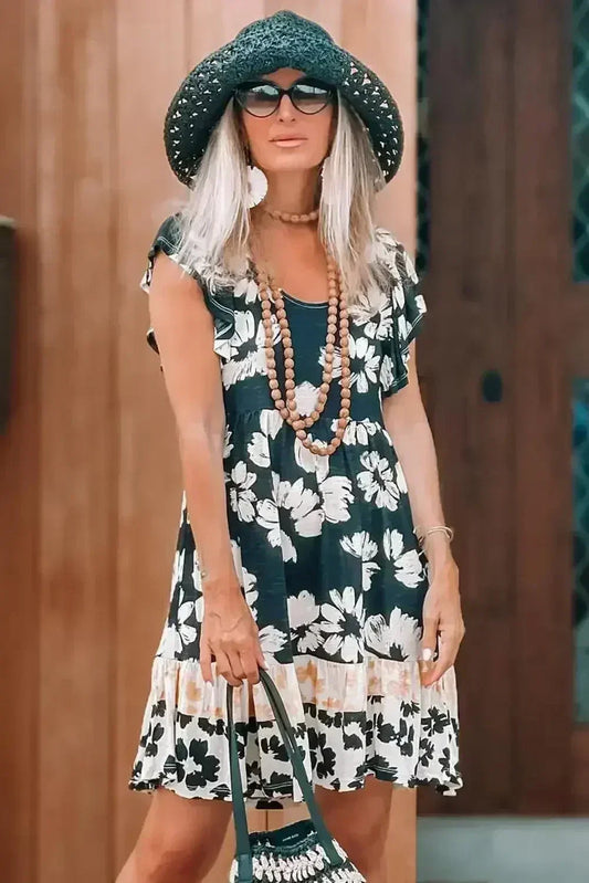 Dark Green Floral Print Ruffle Sleeve Empire Waist Mini Dress