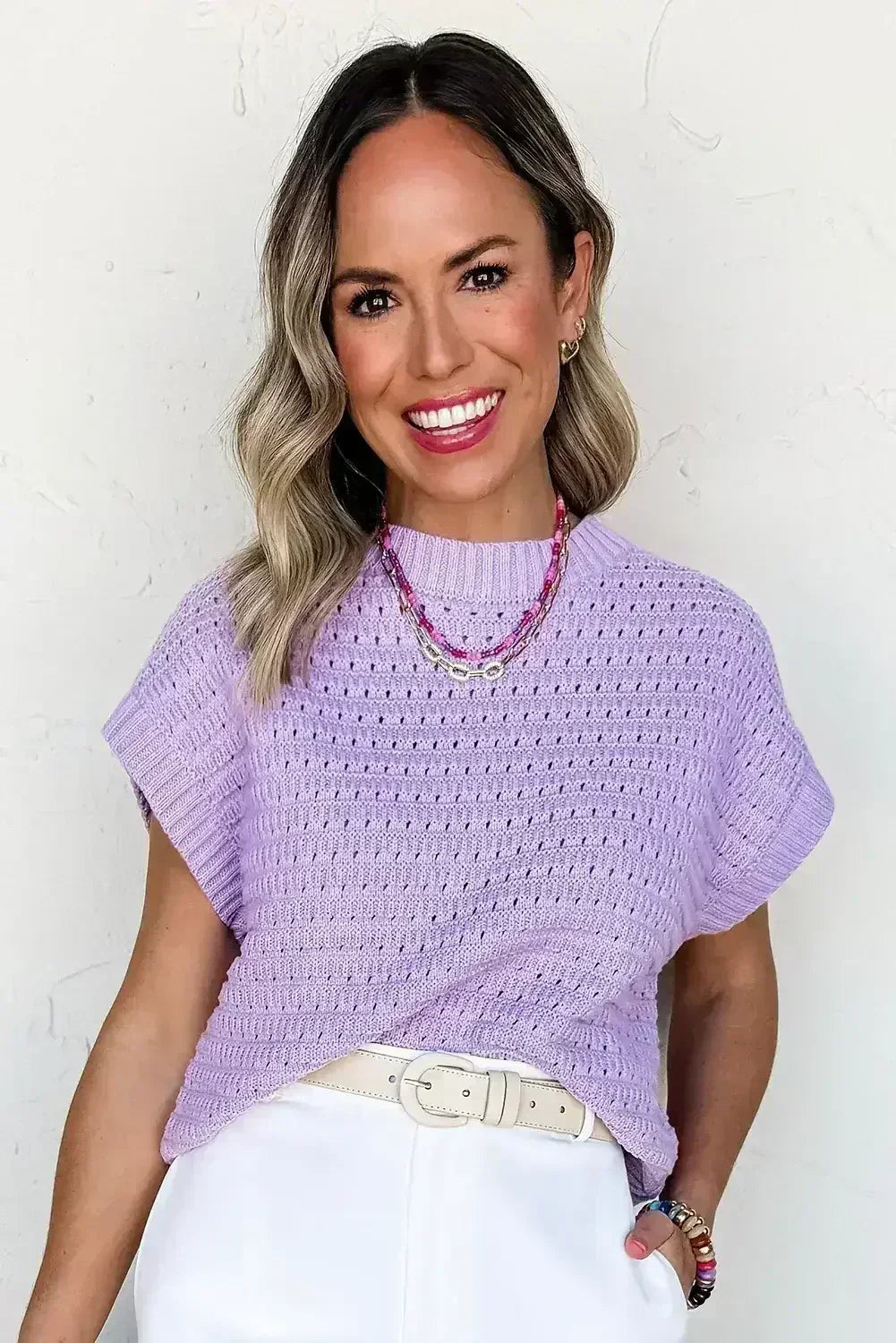 Lavendula Solid Color Ribbed Trim Pointelle Knit Top