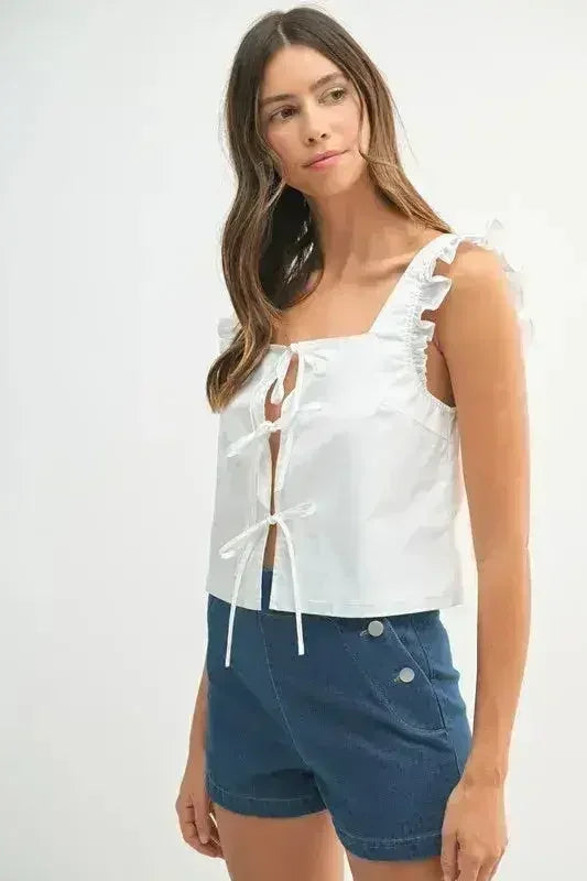 MABLE Poplin Ruffle Strap Front Self Tie Top