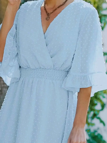 Swiss Dot Dress with Flare Sleeves - Mini Wrap Style