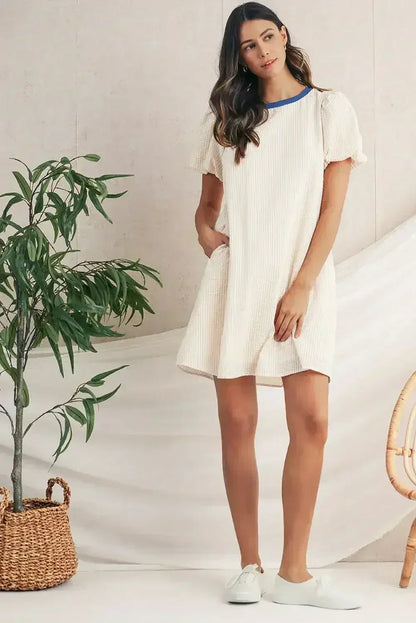 Beige Striped Print Puff Sleeve Textured Mini Dress