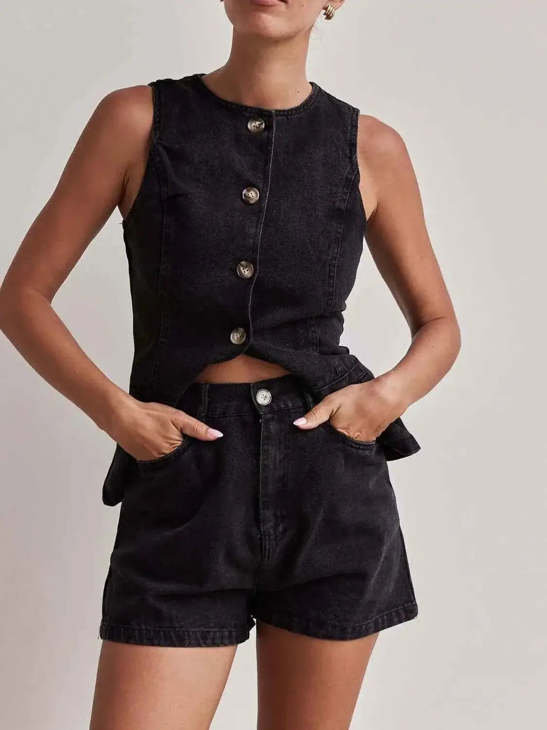 Button Down Vest and Shorts Denim Set