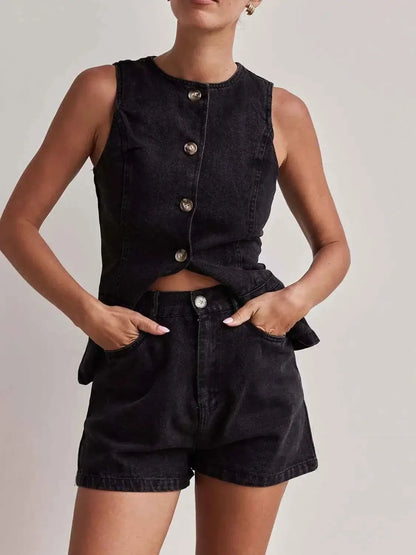 Button Down Vest and Shorts Denim Set