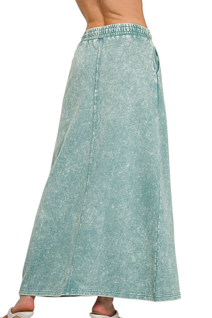 Zenana French Terry Acid Washed Front Slit Long Skirts