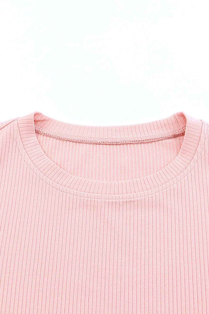 Pink Ruffle Knit Blouse - Casual Dotty Layered Ruffle Ribbed Knit Women's Top