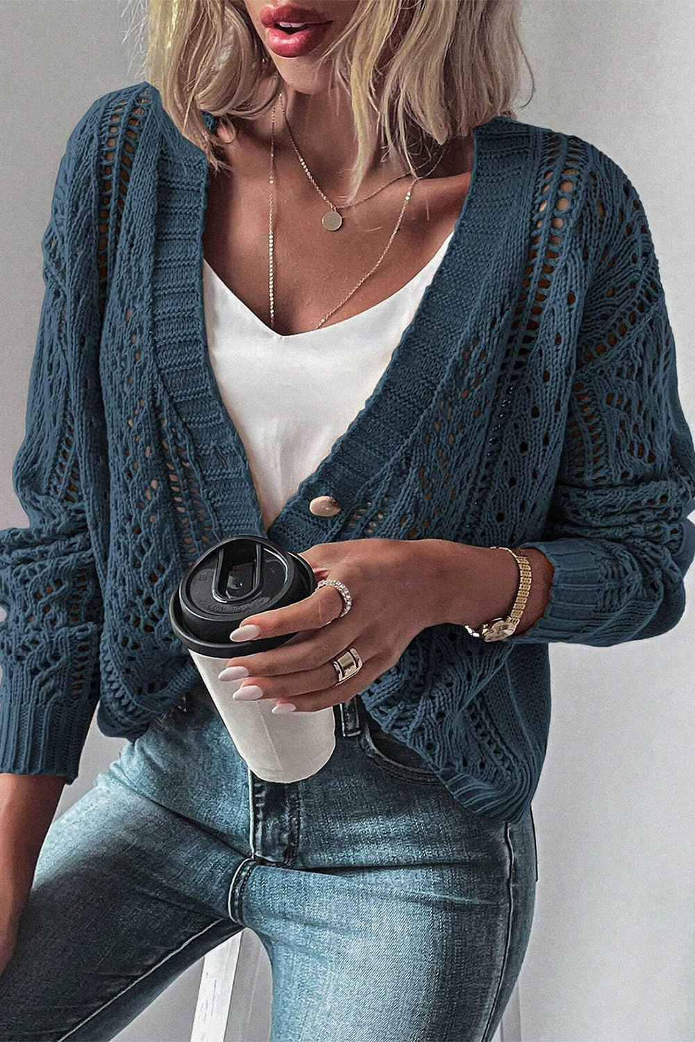 Dark Khaki Cardigan - Hollow Knit Drop Shoulder Style